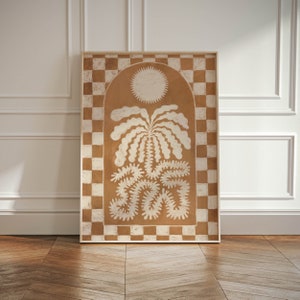 Impresión de palmera a cuadros, arte de pared abstracto de palmeras en tonos neutros, galería de decoración de arte wabi sabi estilo japandi, impresión de palmeras de playa boho, tropical