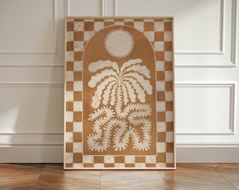 Checkered Palm Tree Print, Palm Trees Abstract Wall Art Neutral, Gallery Wabi Sabi Art Decor Japandi Style, Boho Beach Palms Print, Tropical