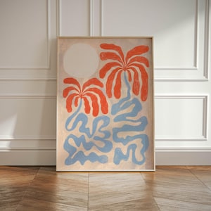 Wydruk z palmą, abstrakcyjna sztuka ścienna z palmami, neutralna, galeria przybrzeżna Wabi Sabi Art Decor w stylu japońskim, wydruk z palmami plażowymi Boho, tropikalny