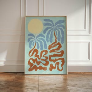 Wydruk z palmą, abstrakcyjna sztuka ścienna z palmami, neutralna, galeria przybrzeżna Wabi Sabi Art Decor w stylu japońskim, wydruk z palmami plażowymi Boho, tropikalny