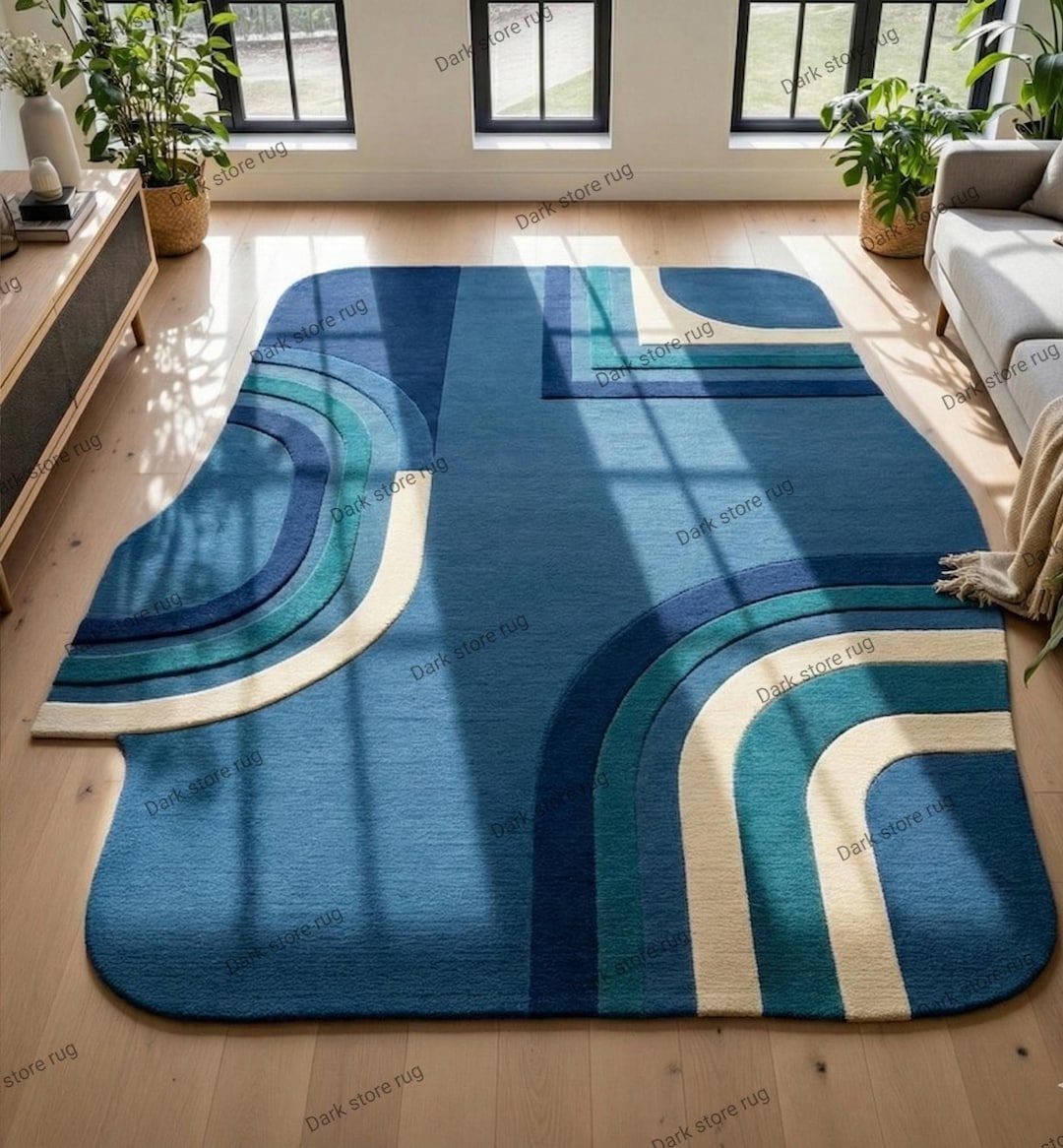Abstract Blue Rug Pattern Hand Tufted Blue Abstract Rug - Modern Wavy Pattern - Etsy