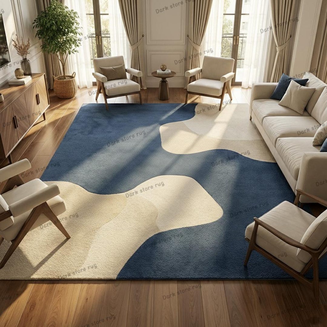 Handmade Tufted Abstract Navy Blue Beige Area Rug, Modern Wavy Pattern ...