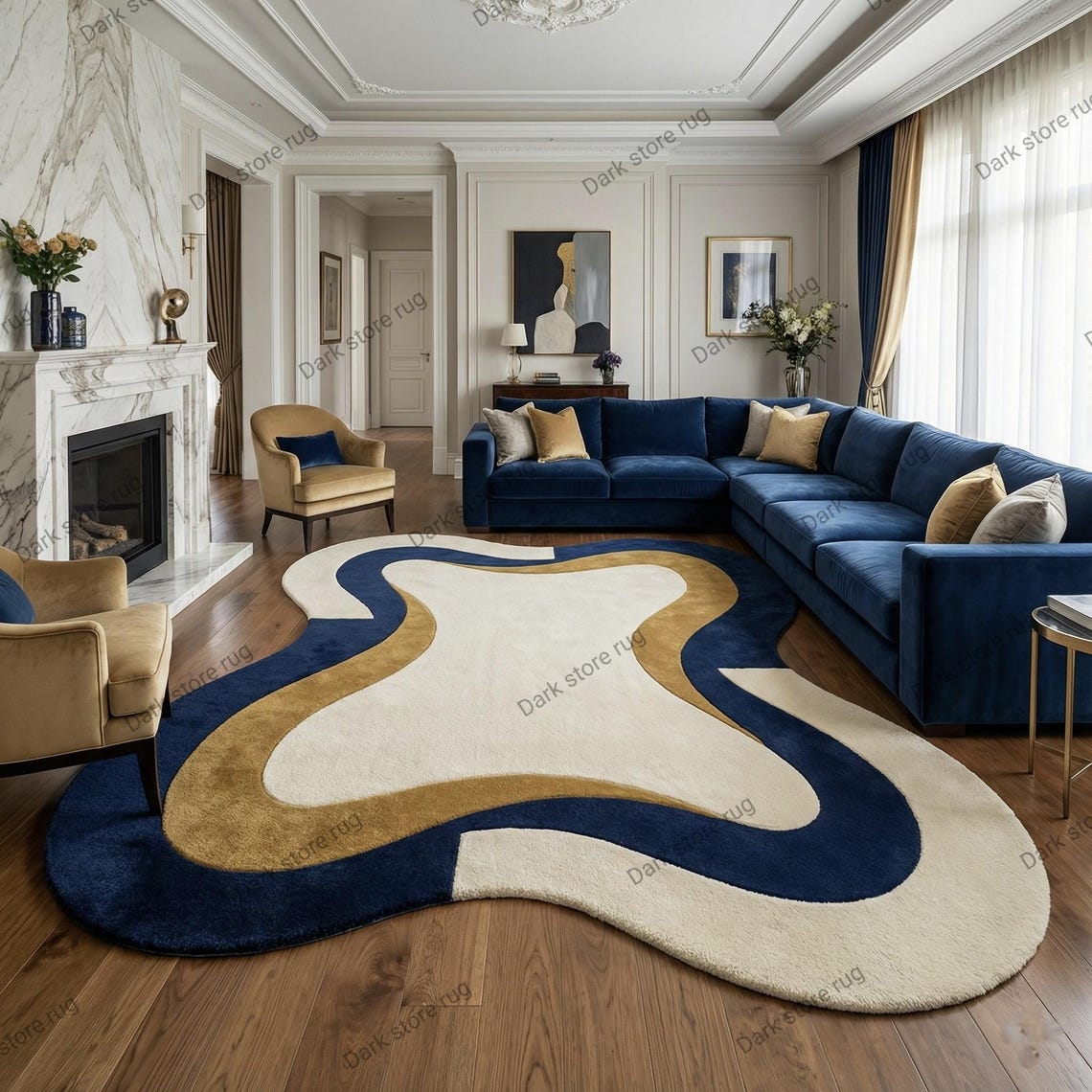 Hand Tufted Modern Luxury Abstract Wave Area Rug Navy Blue Beige Gold ...