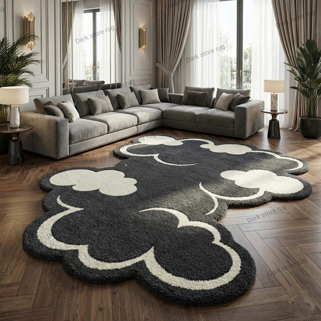 Cloud Shape Rug Hand Tufted Modern Abstract Cloud Shape Rug Black Ivory Luxury Shaggy ...