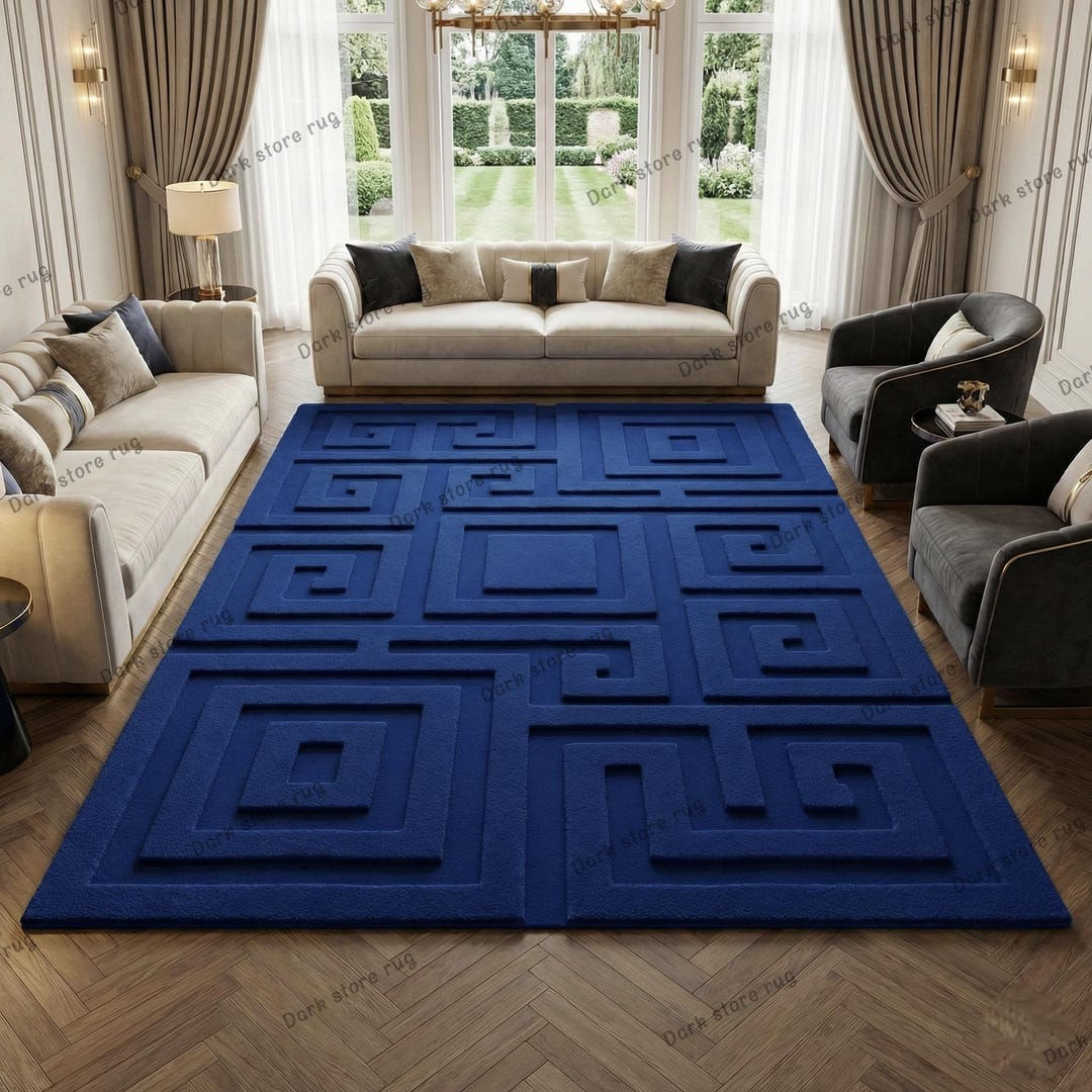 Handmade Tufted Blue Geometric Rug, Modern Area Rug, Luxury Living Room ...