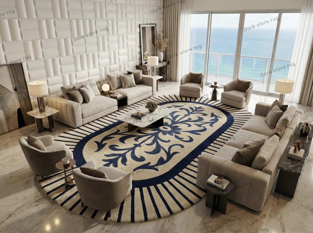 Handmade Tufted Navy Blue Floral Area Rug, Large Living Room Carpet ...