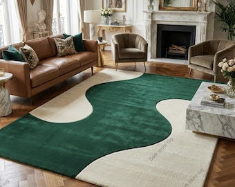 Hand Tufted Modern Abstract Green Cream Area Rug Luxury Minimalist Living Room Carpet Contemporary Wavy Design Rug