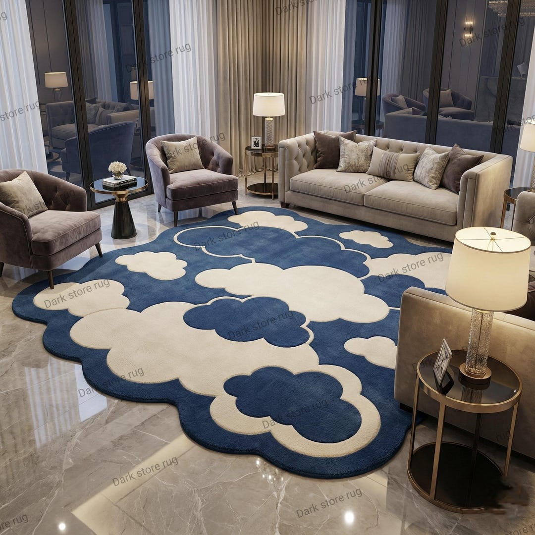 Cloud Shape Rug Hand Tufted Modern Cloud Shape Area Rug Blue Ivory Abstract Carpet ...