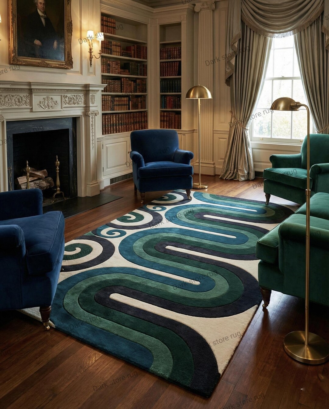 Hand Tufted Modern Abstract Wave Area Rug Teal Blue Green Curved ...