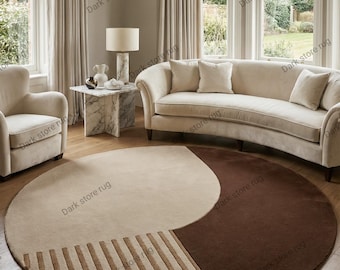 Alfombra moderna redonda neutra beige y marrón con mechones hechos a mano, de lujo, minimalista, para sala de estar, circular, contemporánea, para decoración del hogar.