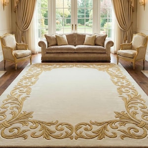 Handmade Tufted Luxury Rug, Cream & Gold Classic Border Area Rug, Elegant Living Room Home Decor