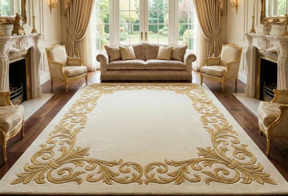 Handmade Tufted Luxury Rug, Cream & Gold Classic Border Area Rug, Elegant Living Room Home Decor