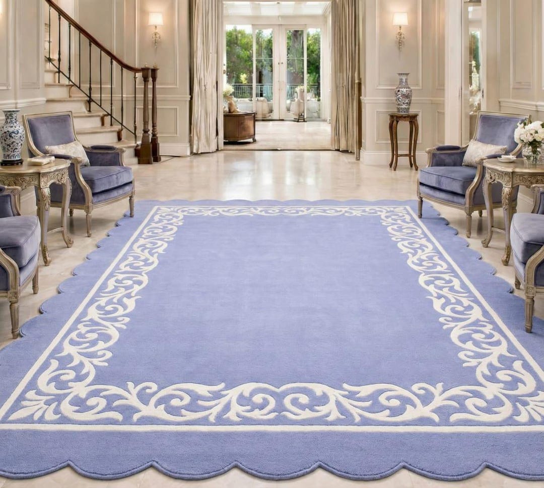 Handmade Blue Tufted Rug With White Border | Luxury Custom Area Rug ...