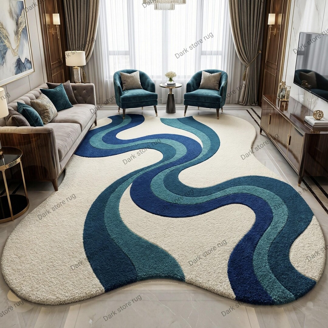 Hand Tufted Modern Wavy Abstract Area Rug Irregular Shape Living Room ...