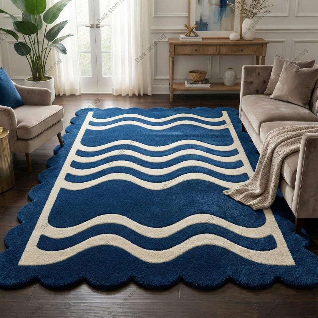Blue Wavy Pattern Rug Hand Tufted Wavy Blue Area Rug - Modern Scalloped Edge Carpet - Etsy