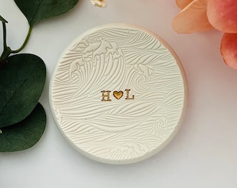 Ocean waves personalized ring dish, custom ring holder, embossed waves engagement gift, wedding gift, clay ring dish, initials, dates, names