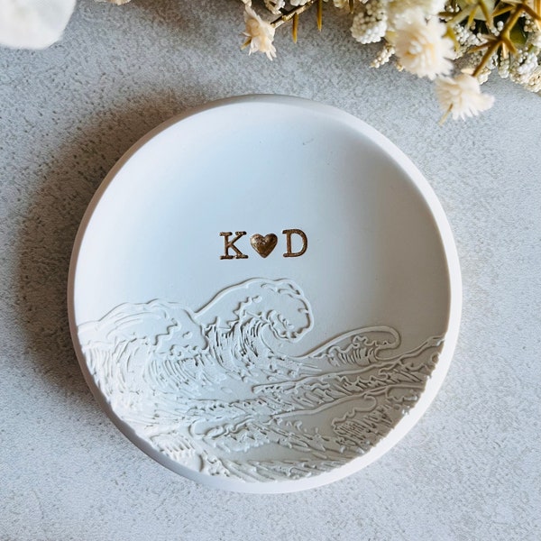 Ocean waves personalized ring dish, custom ring holder, embossed waves engagement gift, wedding gift, clay ring dish, initials, dates, names