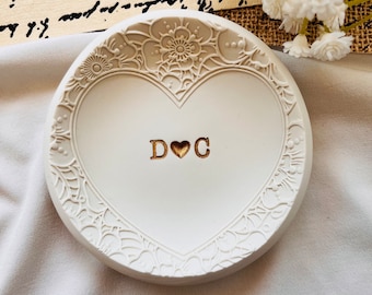 Heart personalization ring dish, custom ring holder,  engagement gift, wedding gift, clay ring dish, initials, dates, names