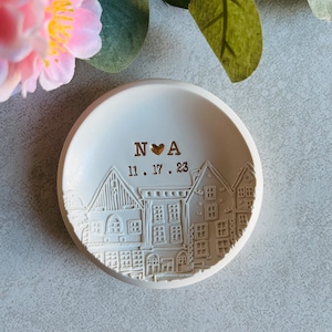 personalized jewelry dish skyline, custom ring dish, embossed sky line, engagement gift, wedding gift, couples gift, initials, dates, name