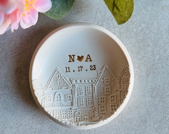 personalized jewelry dish skyline, custom ring dish, embossed sky line, engagement gift, wedding gift, couples gift, initials, dates, name