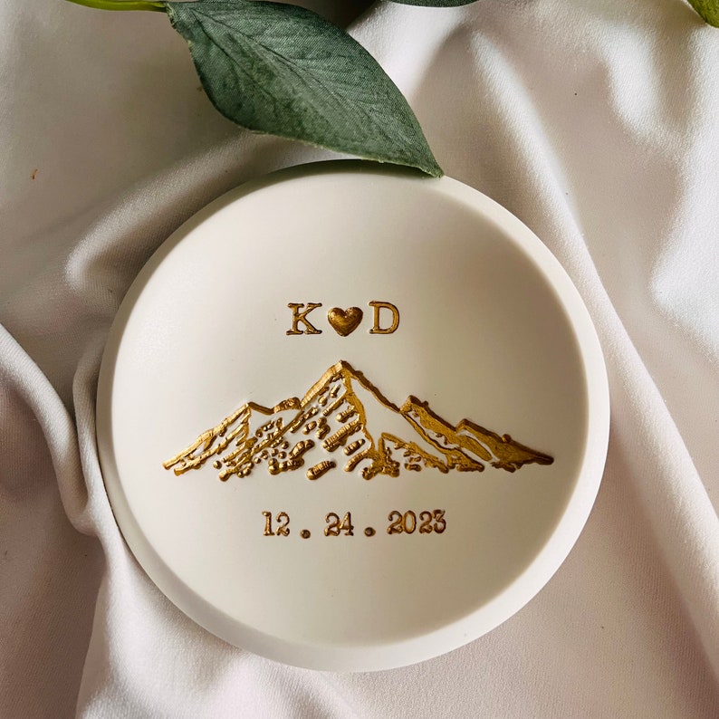Mountain top personalized jewelry dish, custom ring dish, engagement gift, wedding gift, gift for him, couples gift, initials, dates, name image 4