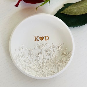 Flower garden  personalized ring dish, bridesmaids gift, engagement gift, wedding, bridal shower, clay ring dish, initials, dates, names