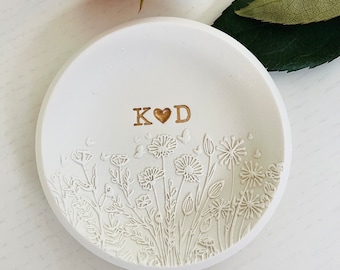 Flower garden  personalized ring dish, bridesmaids gift, engagement gift, wedding, bridal shower, clay ring dish, initials, dates, names