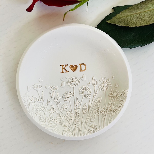 Flower garden  personalized ring dish, bridesmaids gift, engagement gift, wedding, bridal shower, clay ring dish, initials, dates, names