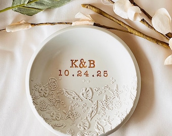 Ocean sand beach personalized ring dish, custom ring holder, embossed ocean engagement gift, wedding gift for couples, initials, dates