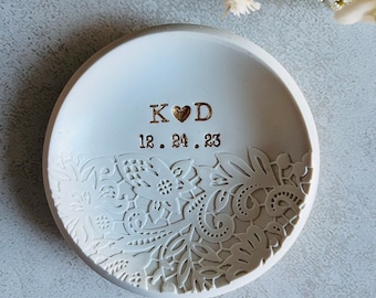 Lace personalized ring dish, custom ring holder, flower 3d embossed engagement gift, wedding gift, clay ring dish, initials, dates, names