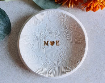 Floral personalized ring dish, custom ring holder, flower garden engagement gift, wedding gift, clay ring dish, initials, dates, names