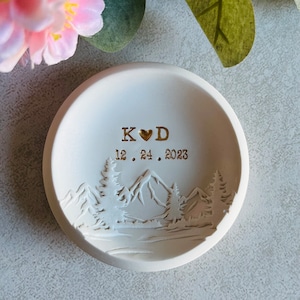 personalized ring dish, mountain top custom jewelry dish, engagement gift, wedding gift, gift for him, couples gift, initials, dates, names image 1