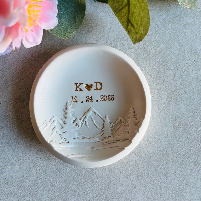 personalized ring dish, mountain top custom jewelry dish, engagement gift, wedding gift, gift for him, couples gift, initials, dates, names