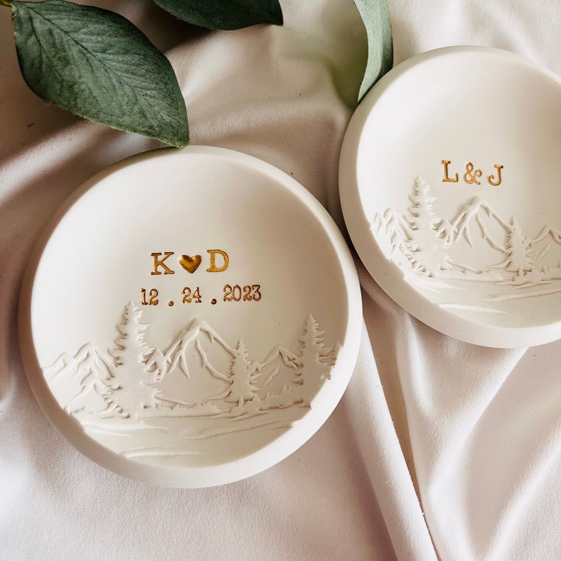 personalized ring dish, mountain top custom jewelry dish, engagement gift, wedding gift, gift for him, couples gift, initials, dates, names image 3
