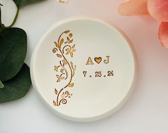 Wedding ring dish, custom jewelry dish, flower vine engagement gift, gifts for couple, bridesmaids gift, gift for bride, initials, dates,
