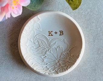 Gifts for couples, personalized jewelry dish, engagement gift, embossed flower garden, gift for her,bridesmaids gift, initials, dates, names