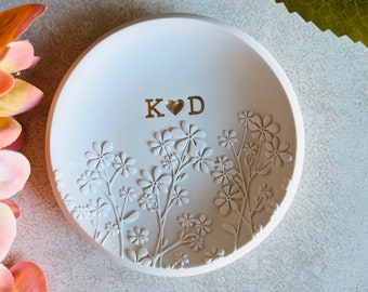 Flower garden personalization ring dish, custom ring holder,  engagement gift, wedding gift, clay ring dish, initials, dates, names