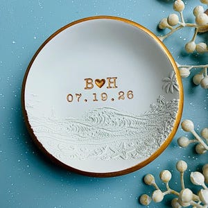 Ocean waves personalized ring dish, custom ring holder, embossed waves engagement gift, wedding gift, clay ring dish, initials, dates, names