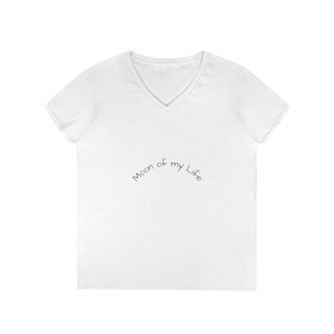 May include: White V-neck t-shirt with the text "Moon of my Life" in a black, handwritten font. The text is arched across the front of the shirt. The shirt is made of a soft, lightweight material.