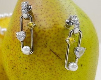 Paperclip Zircon Earrings • Zircon Earrings • Pearl Earrings • Special Shaped Earrings • Unisex Earrings • Gift • Birthday Gift • YA000E2