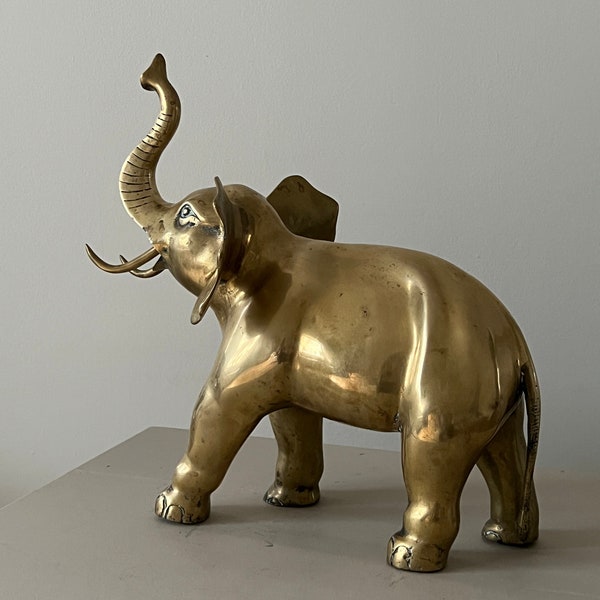 Large Solid Brass Elephant | Mid Century Elephant Sculpture