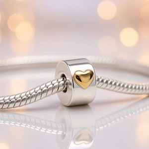 May include: A silver snake chain bracelet featuring a single cylindrical charm. The charm is made of polished silver and displays a small, raised, smooth gold-toned heart centered on its outer surface. The bracelet has a reflective metallic finish.
