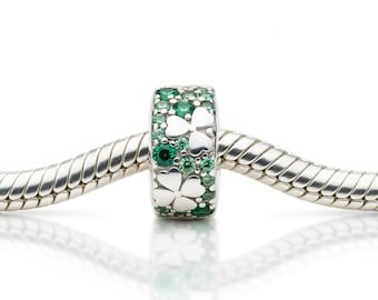 Sterling Silver Shamrock Charm, Emerald Green, Fits Pandora Bracelets