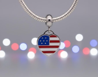 American Flag Heart Charm for Pandora Bracelets: Sterling Silver Pandora Compatible Bead