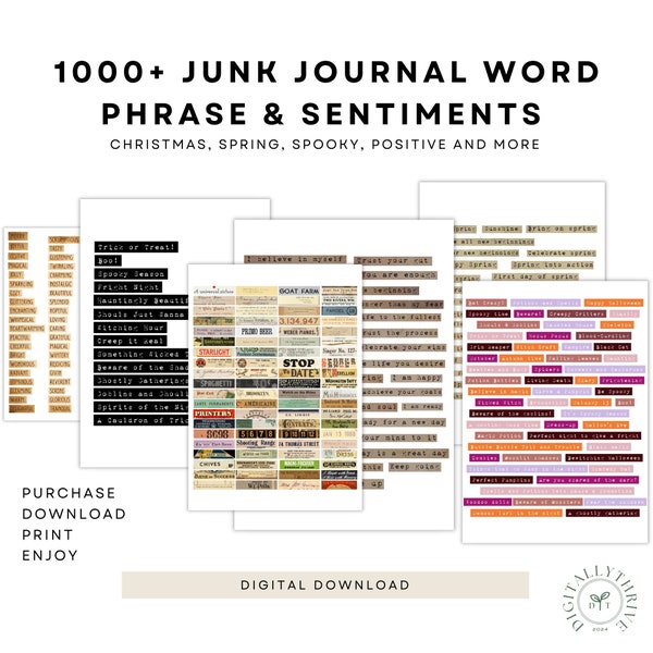 1,000+ Journal Words, Inspirational Quotes, printable Ephemera Vintage labels, Digital Download Kit, Typewriter Journaling stickers, Journal
