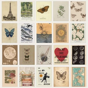 Op de afbeelding: Een verzameling van twintig rechthoekige wandkunstprints met diverse illustraties, waaronder de Eiffeltoren, vlinders, botanische schetsen, walvissen, hemellichamen, een hart met tekst, een stapel boeken en een wereldkaart op verouderd papier.