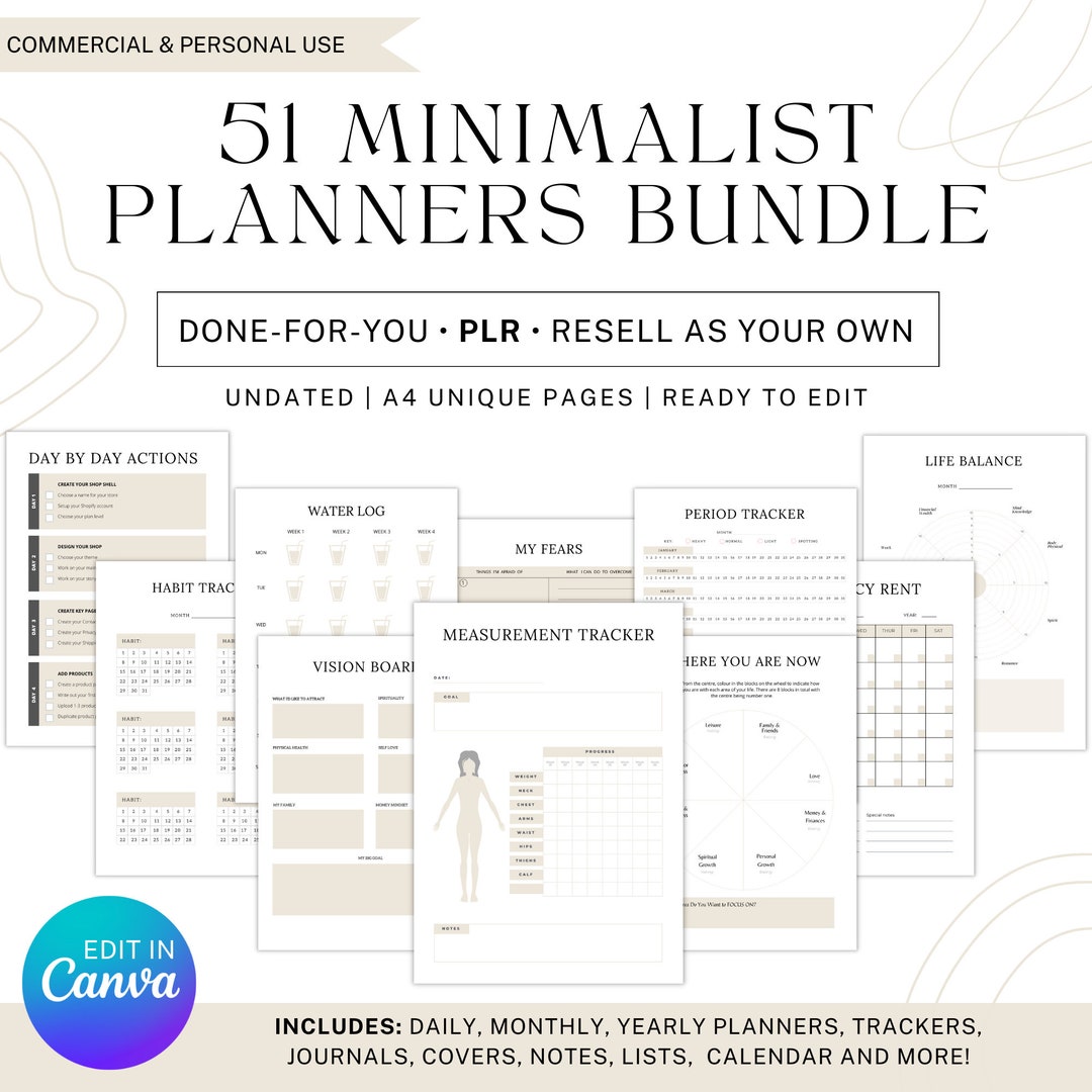 51 PLR Minimalist Planner Bundle, Done-for-you, Editable in Canva ...