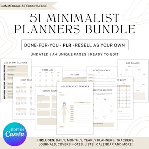 51 PLR Minimalist Planner Bundle, Done-for-you, Editable in Canva Planners, 1000+ Pages, Resell Printables Planner, Commercial Use