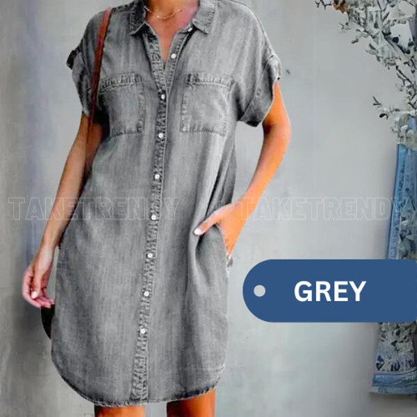 Trendy Women Dress Single-breasted Short Sleeve Ladies Dress Lapel Elegant Solid Color Faux Denim Summer Dress Spring Clothing