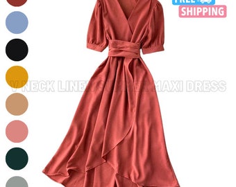 Women Wrap Dresses French Style Retro Short Sleeves Tunic Midi Dress Puffy Sleeve V Neck Linen Maxi Summer Loose Linen with Belt